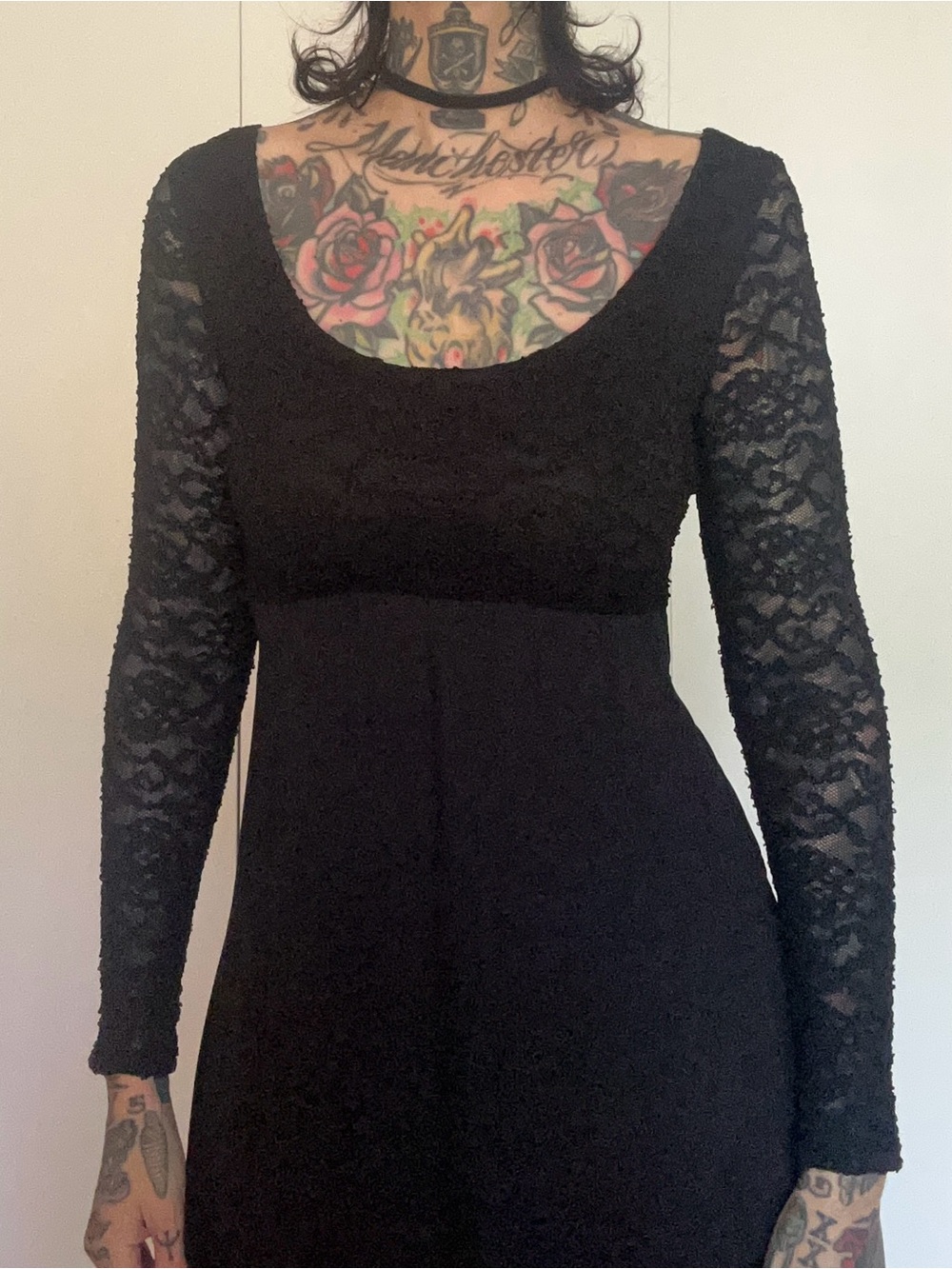 Vintage 90s Rampage Lace and Chiffon Black Long Sleeve Dress
